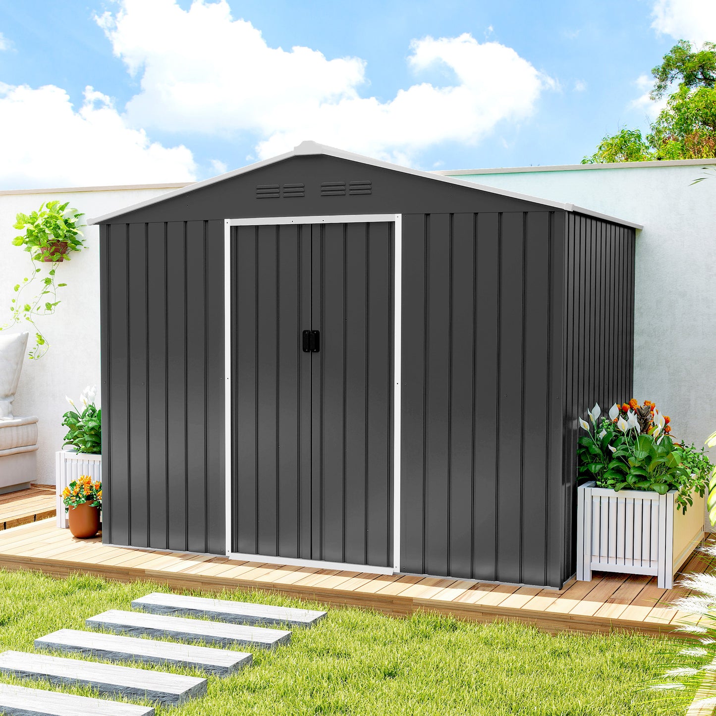 Outsunny Caseta De Jardín Exterior 3,6 M² 236x171x191 Cm Puerta Corredera Gris_4