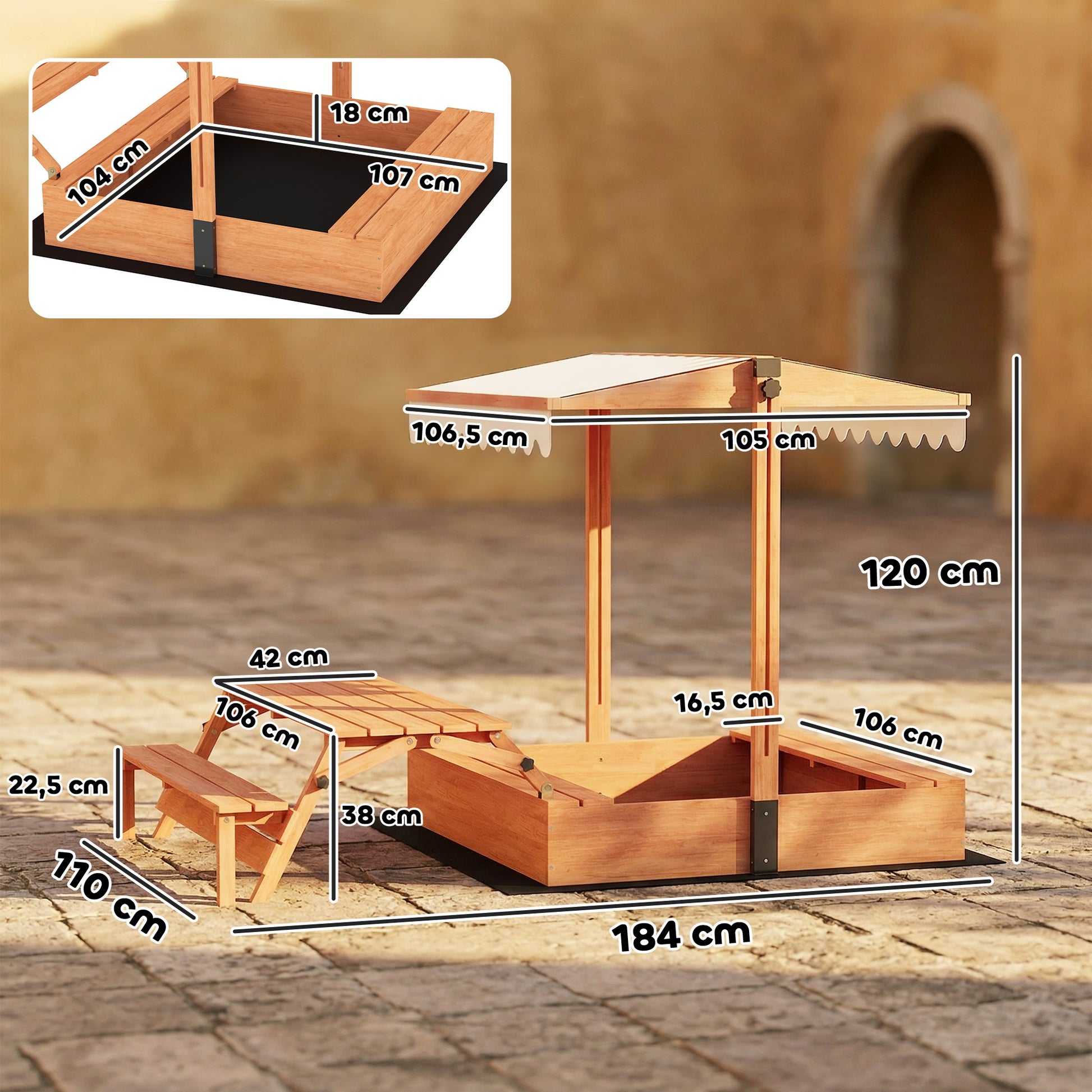 Aiyaplay Arenero Para Niños De Madera Con Toldo Ajustable Mesa Con Bancos Marrón_2