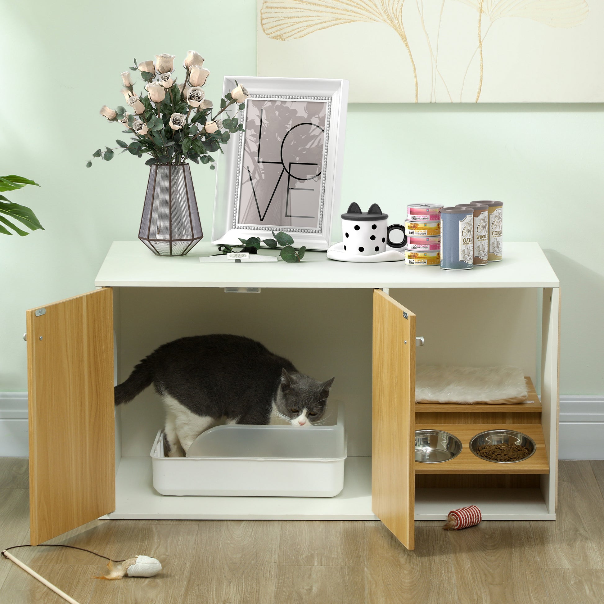 Pawhut Mueble Arenero Para Gatos 3 En 1 Con Puertas Estera Para Rascar Blanco_1