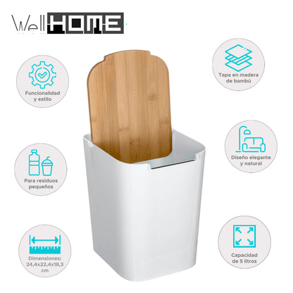 Papelera Baño Tapa Bambú Baltik 5l Blanco
