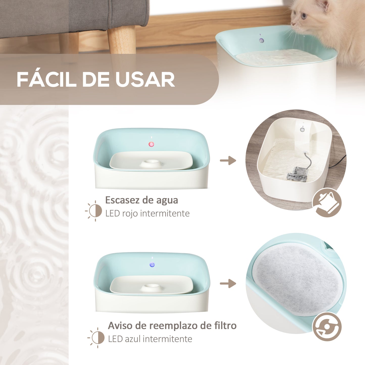 Pawhut Fuente De Agua Para Gatos 3l Con Sensor Infrarrojos 3 Modos Luz Led Azul_5