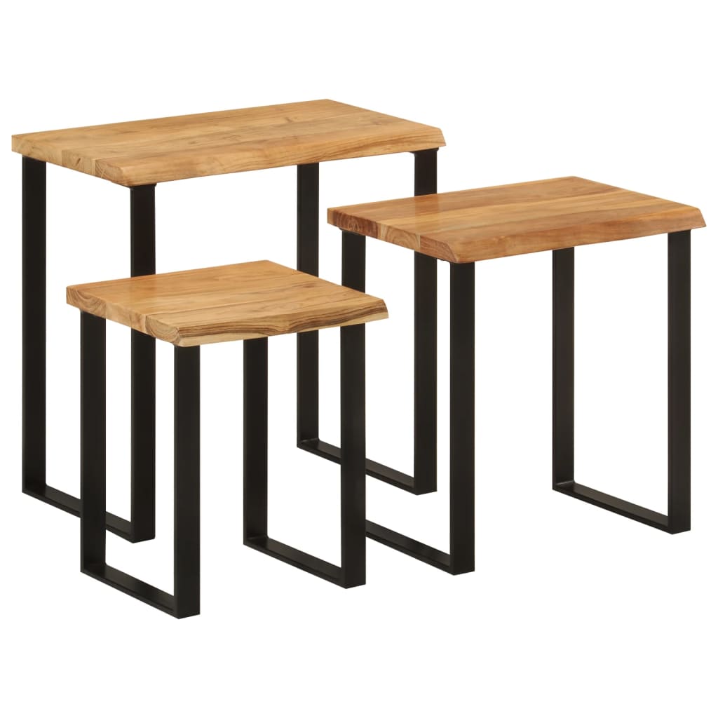 Set De 3 Mesas Apilables Con Borde Natural Madera Acacia Maciza_0