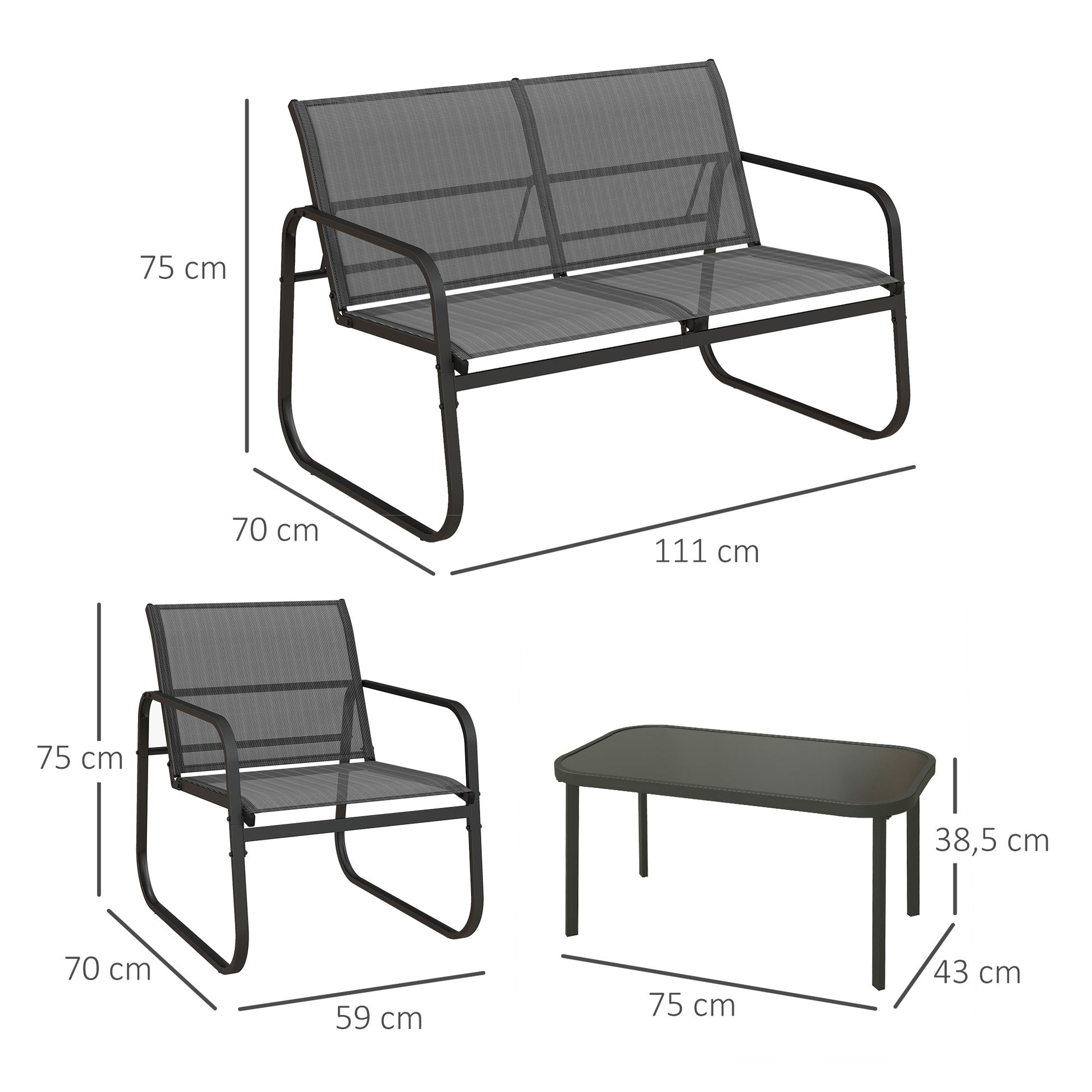 Outsunny Conjunto De Muebles De Jardín Con 2 Sillones 1 Sofá Doble Y Mesa Negro_2