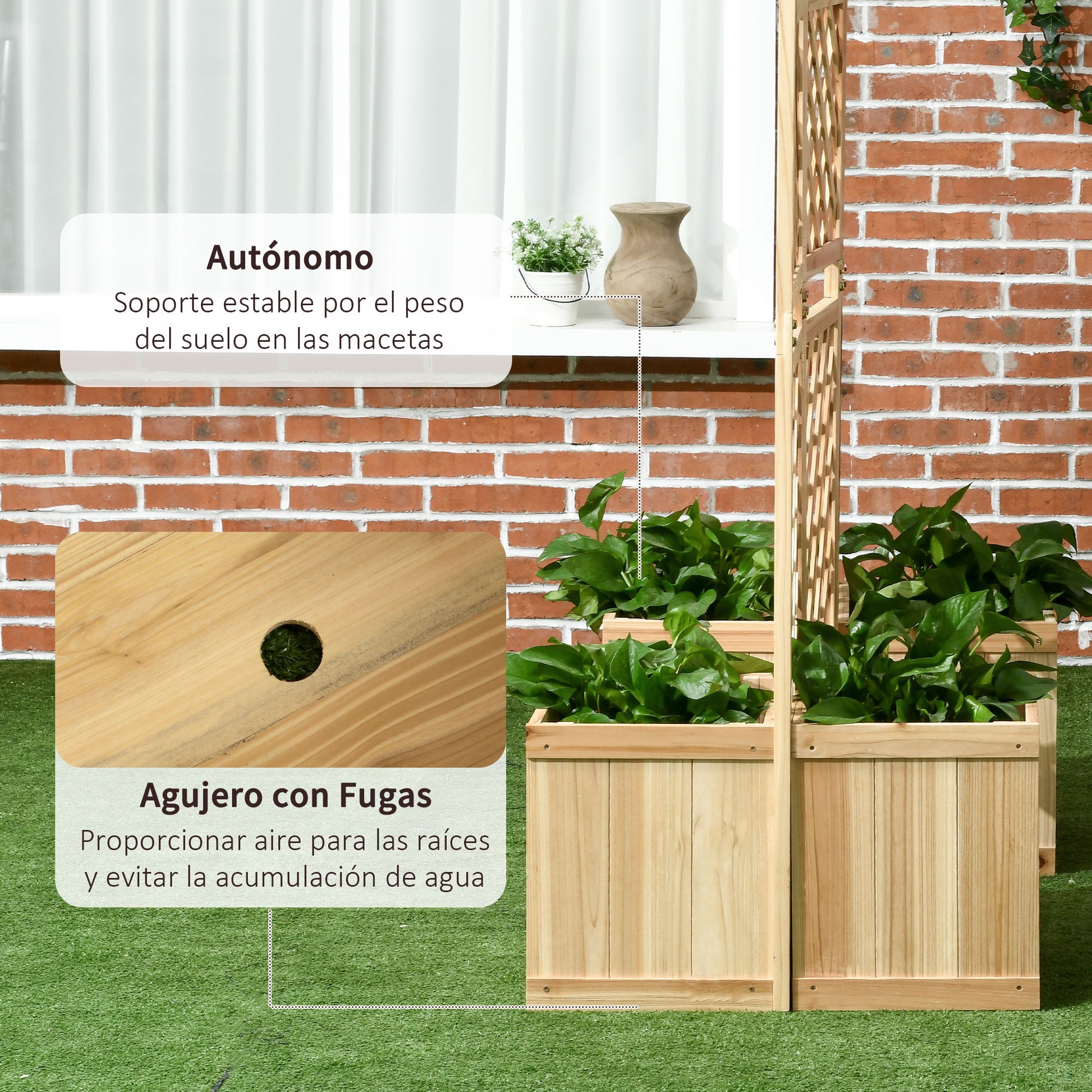 Outsunny Biombo Exterior De 3 Paneles De Madera Con 4 Macetas 133x62x165 Cm_5