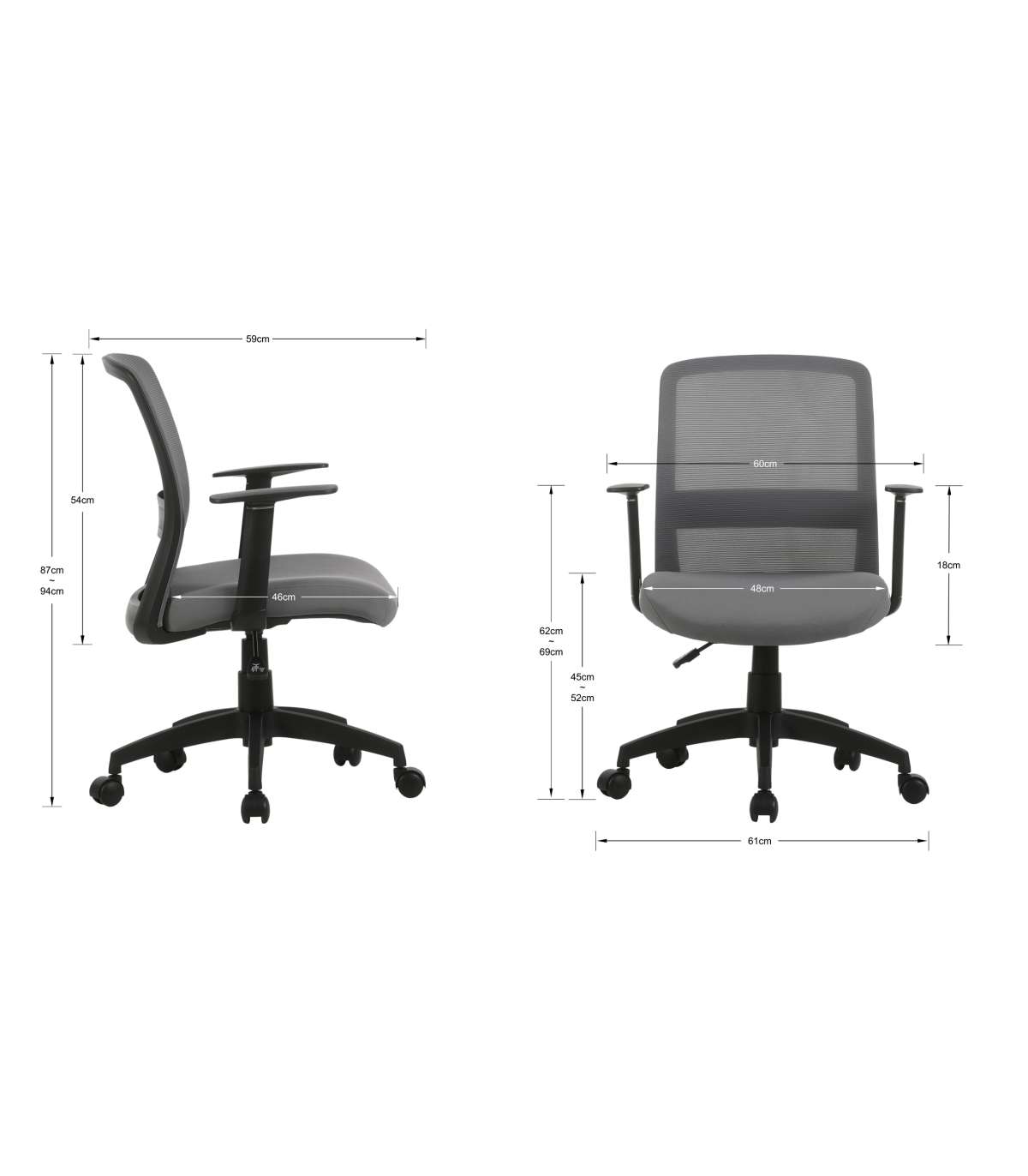 Silla Despacho Giratoria Elevable Acabado Gris, 61m(ancho) 87/94cm(altura) 59cm(fondo)_3