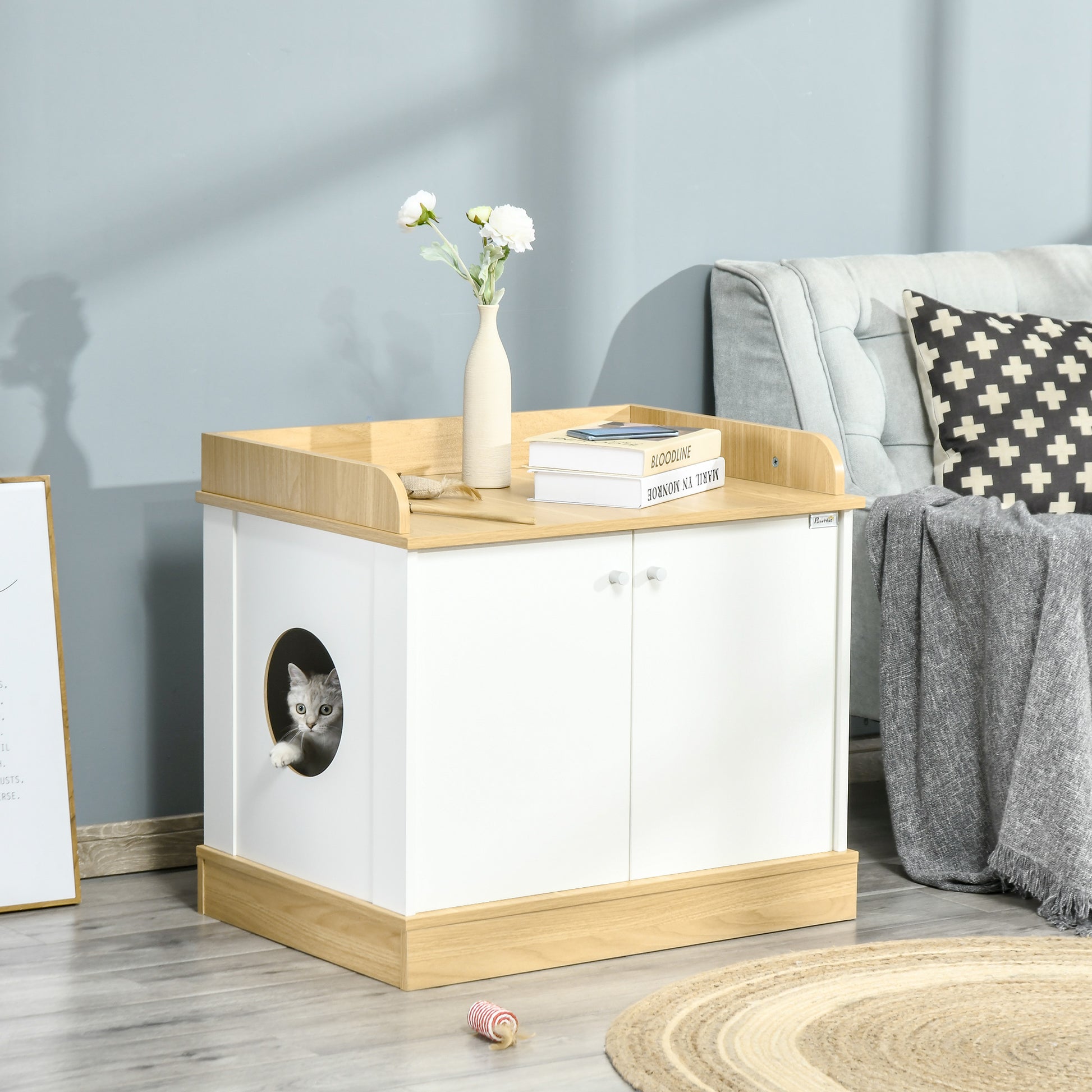Pawhut Casa Para Gatos De Madera Mueble Arenero Con Estante Doble Puerta Entrada_1