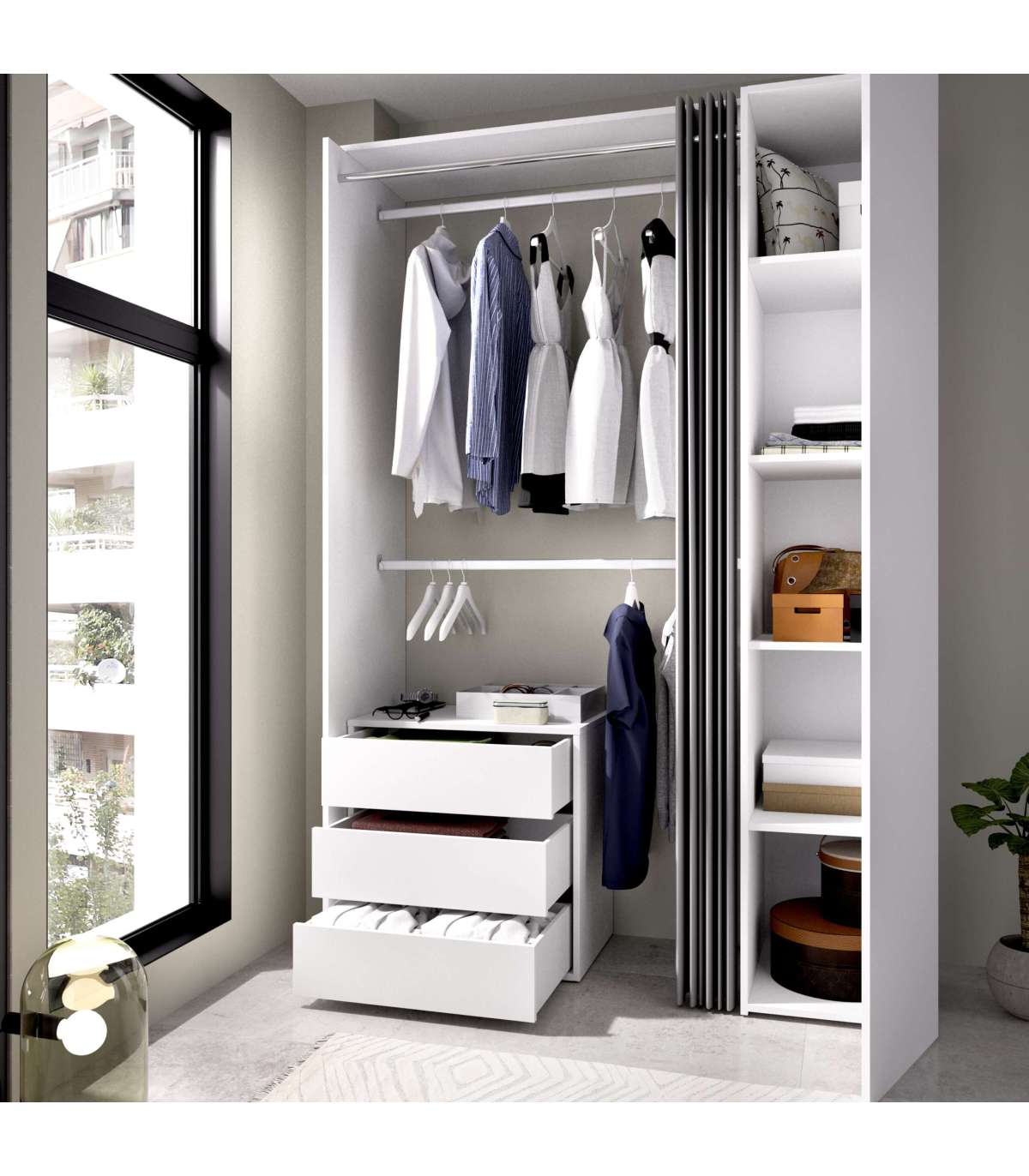 Vestidor Rus Con Columna Cerrada Cortina Cajonera Y Baldas En Blanco 205 Cm(alto)140,8 Cm(ancho)52 Cm(fondo)_1
