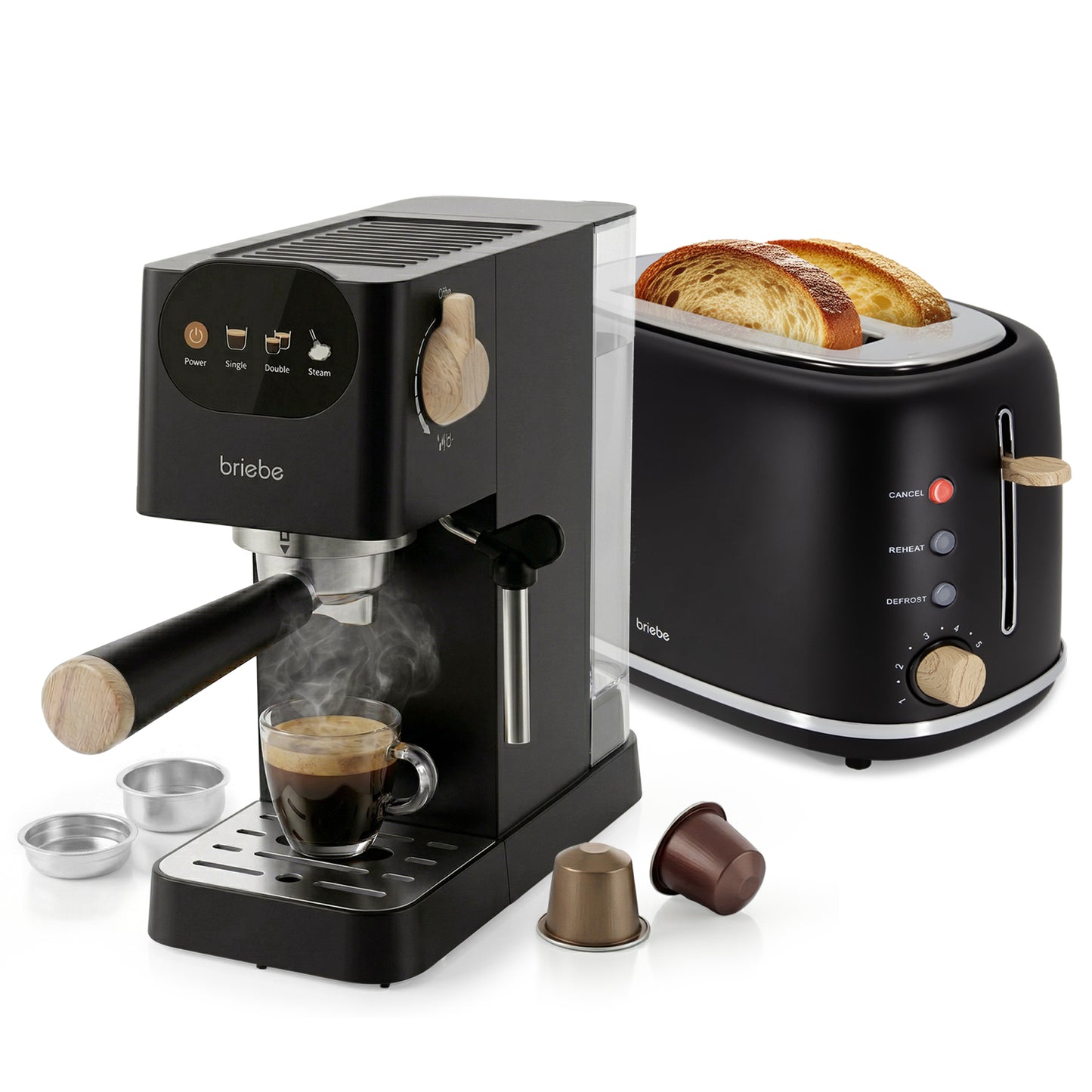 Briebe Nordic Set Cafetera 20 Bares Cápsulas, Café Molido Espumador Leche Tostadora 2 Rebanadas Anchas,skt1221blk,negro_0