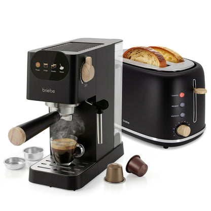 Briebe Nordic Set Cafetera 20 Bares Cápsulas, Café Molido Espumador Leche Tostadora 2 Rebanadas Anchas,skt1221blk,negro_0