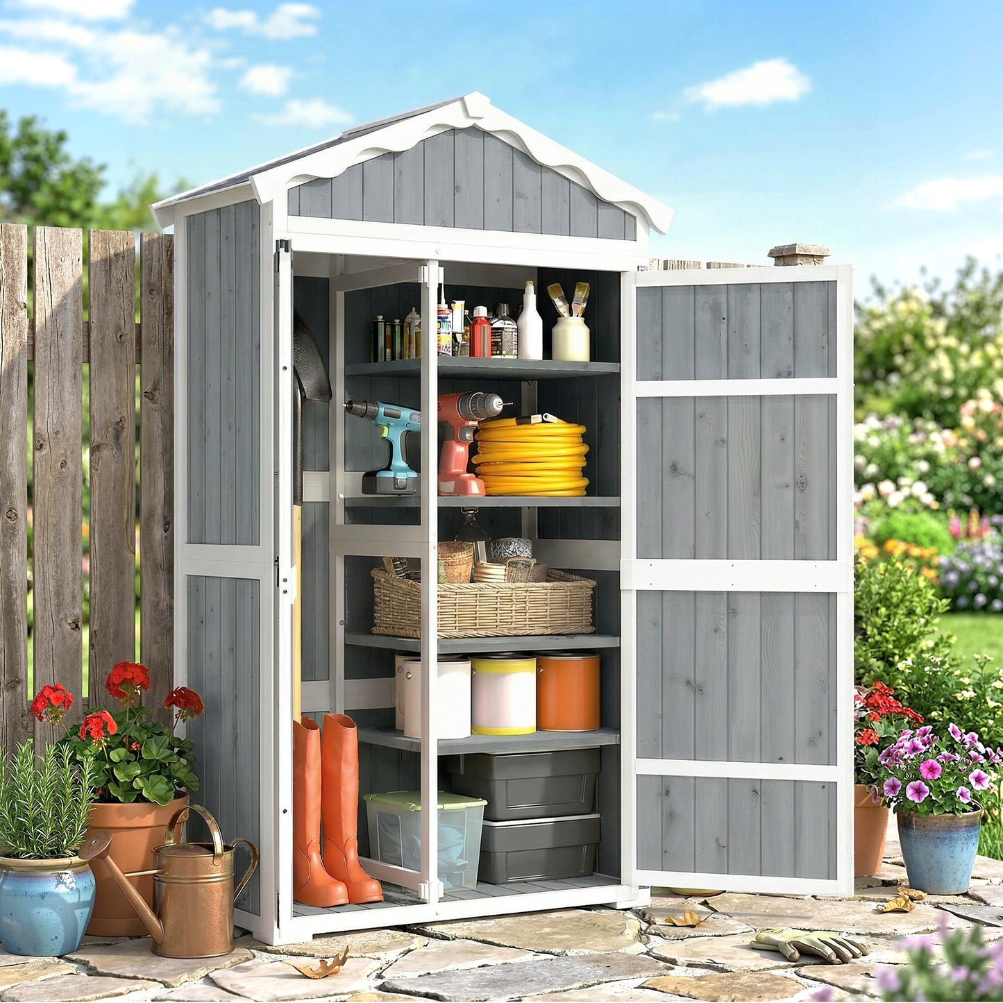Outsunny Caseta De Jardín De Madera 105x55x179 Cm Con 4 Estantes Extraíbles_1