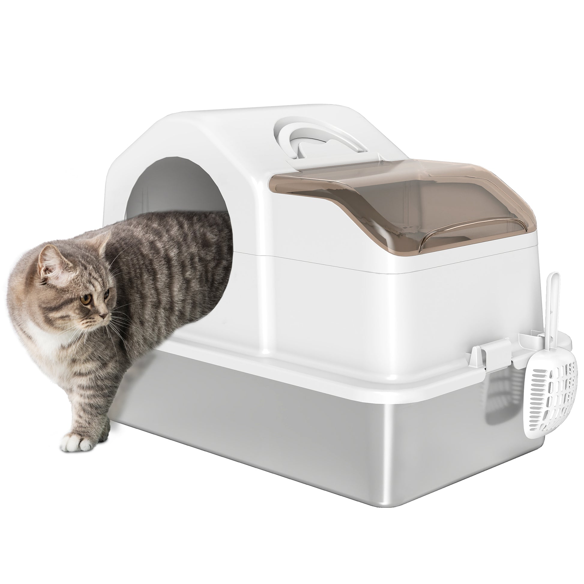 Pawhut Arenero Para Gatos Cubierto Extragrande Con Bandeja De Acero Inoxidable_0