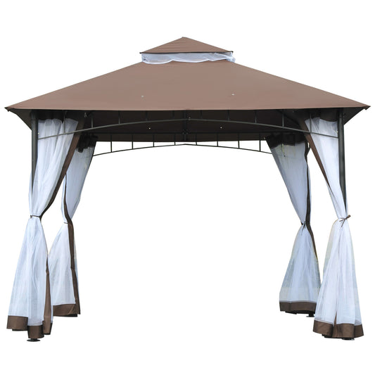 Outsunny Carpa Jardín Terraza 3x3m Cenador Con Mosquitera Gazebo Color Café_0
