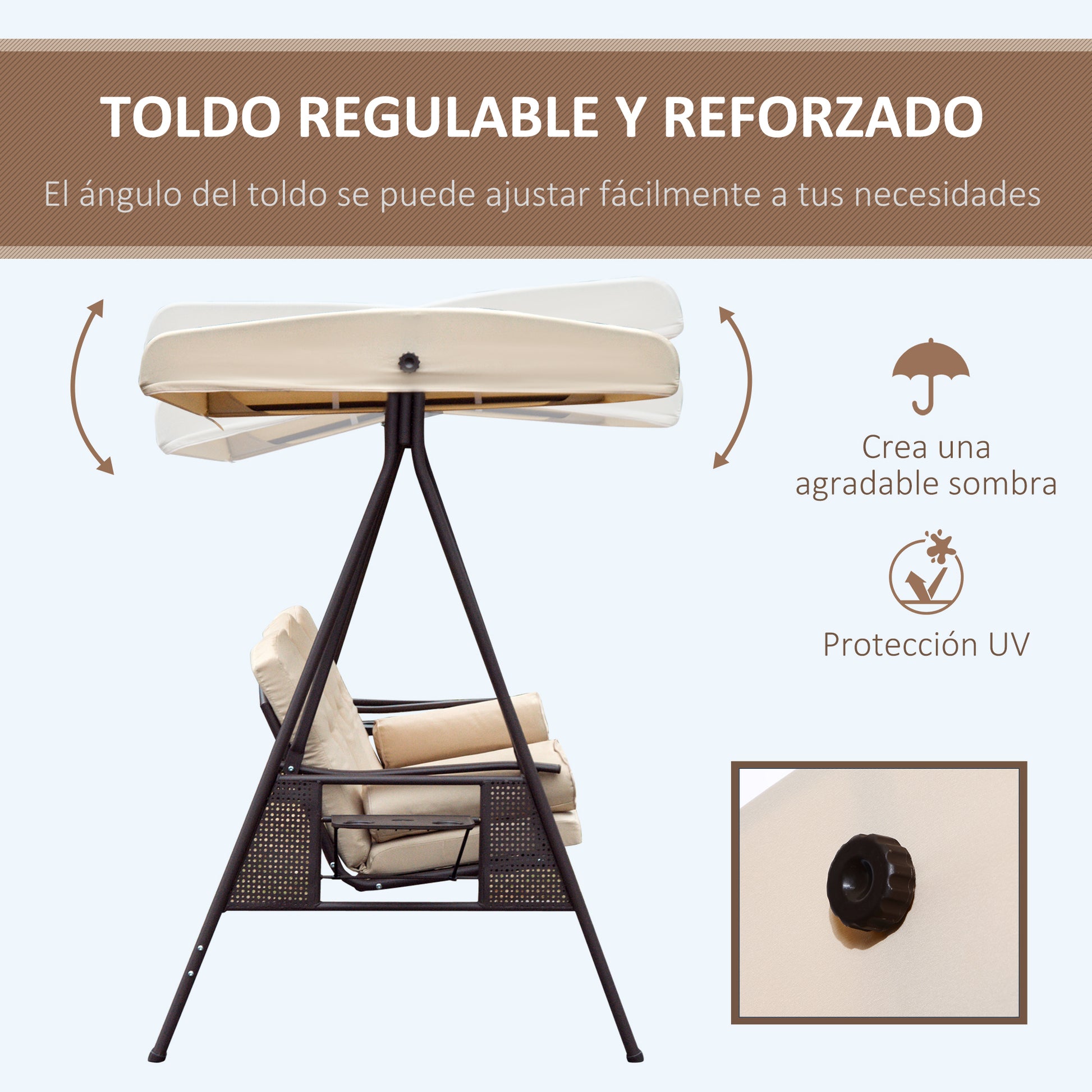 Outsunny Columpio Balancín Jardín 3 Plazas Techo 2 Cojines 208x121x172 Cm Beige_3