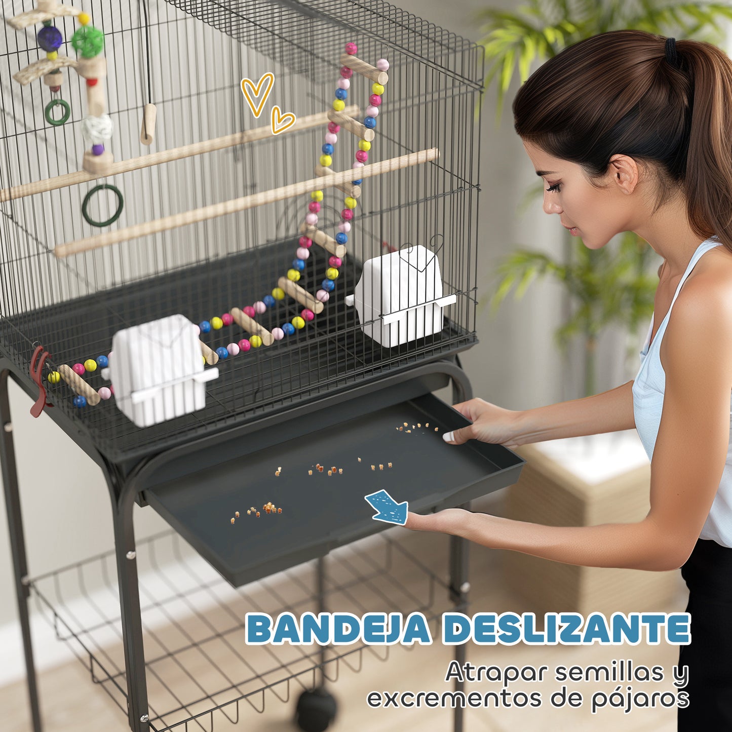 Pawhut Jaula Para Pájaros Con Ruedas Puertas 2 Comederos Columpio 46x36x120cm_4