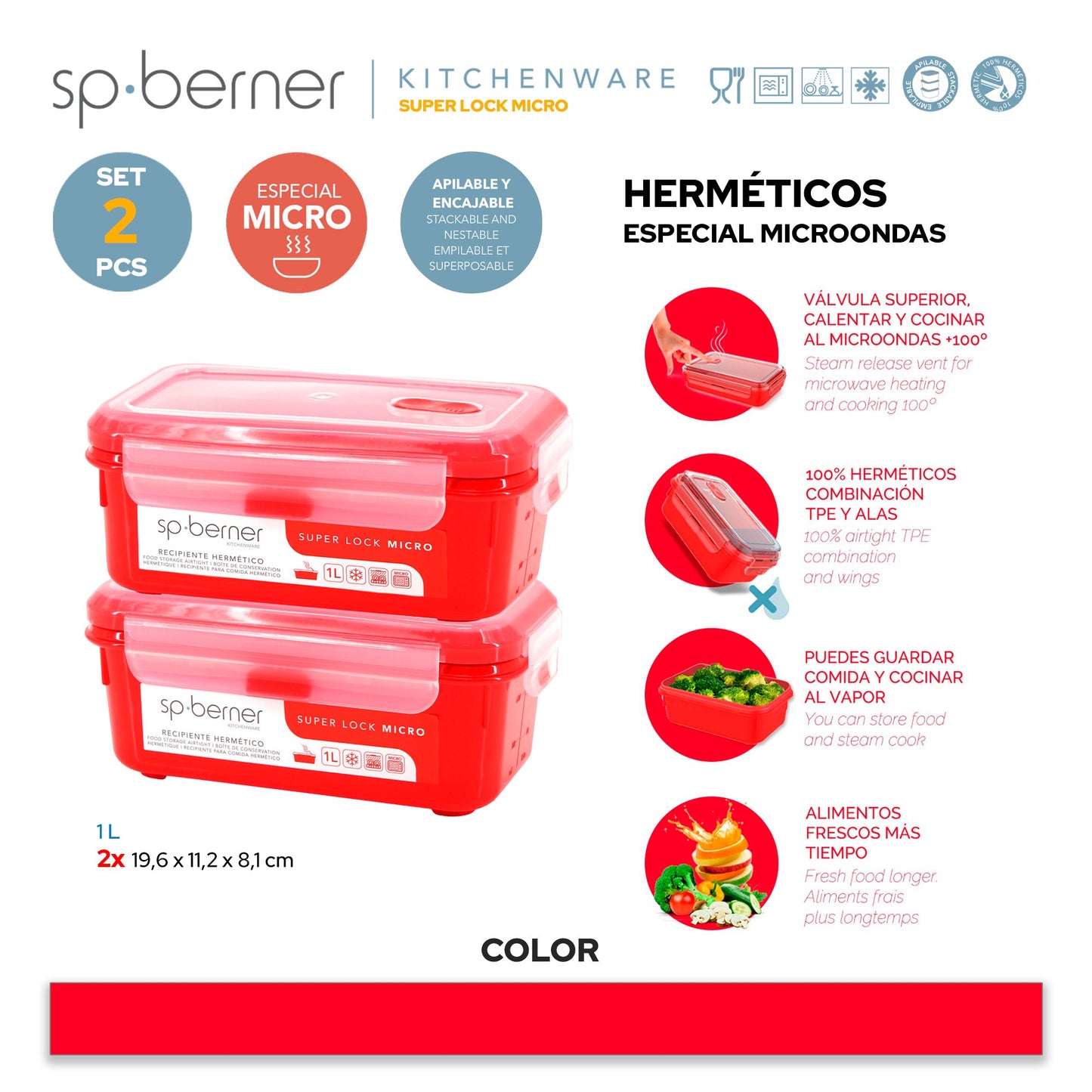 2x Herméticos Super Lock Micro 1 L., Aptos Para Cocinar Al Vapor En El Microondas, Ideal Transporte Y Almacenamiento De Alimentos, Cierre Clip