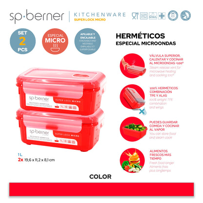 2x Herméticos Super Lock Micro 1 L., Aptos Para Cocinar Al Vapor En El Microondas, Ideal Transporte Y Almacenamiento De Alimentos, Cierre Clip