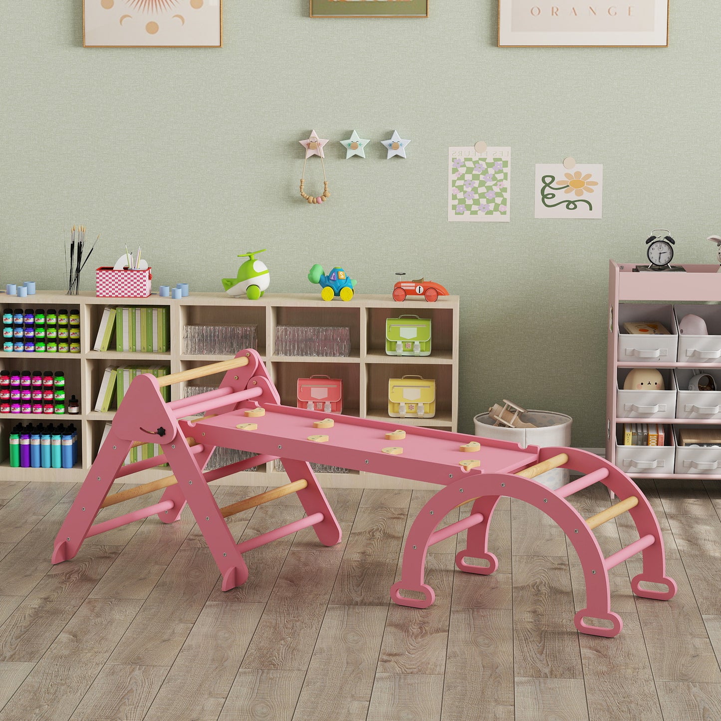 Aiyaplay 7 En 1 Triángulo De Escalada Montessori Con Arco Y Rampa 188x70 Cm Rosa_4