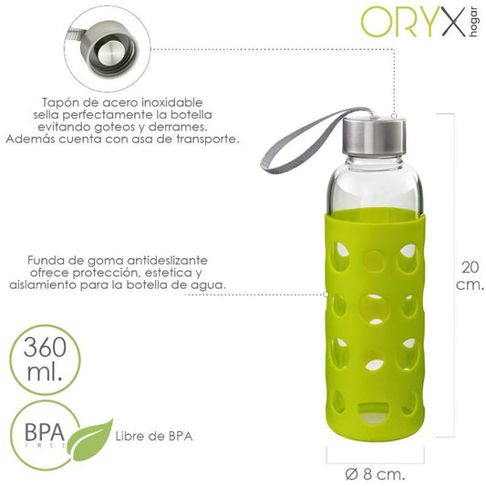 Botella Agua De Cristal, Capacidad De 360 Ml. Libre Bpa, Con Funda Goma Y Tapon Antigotas_0