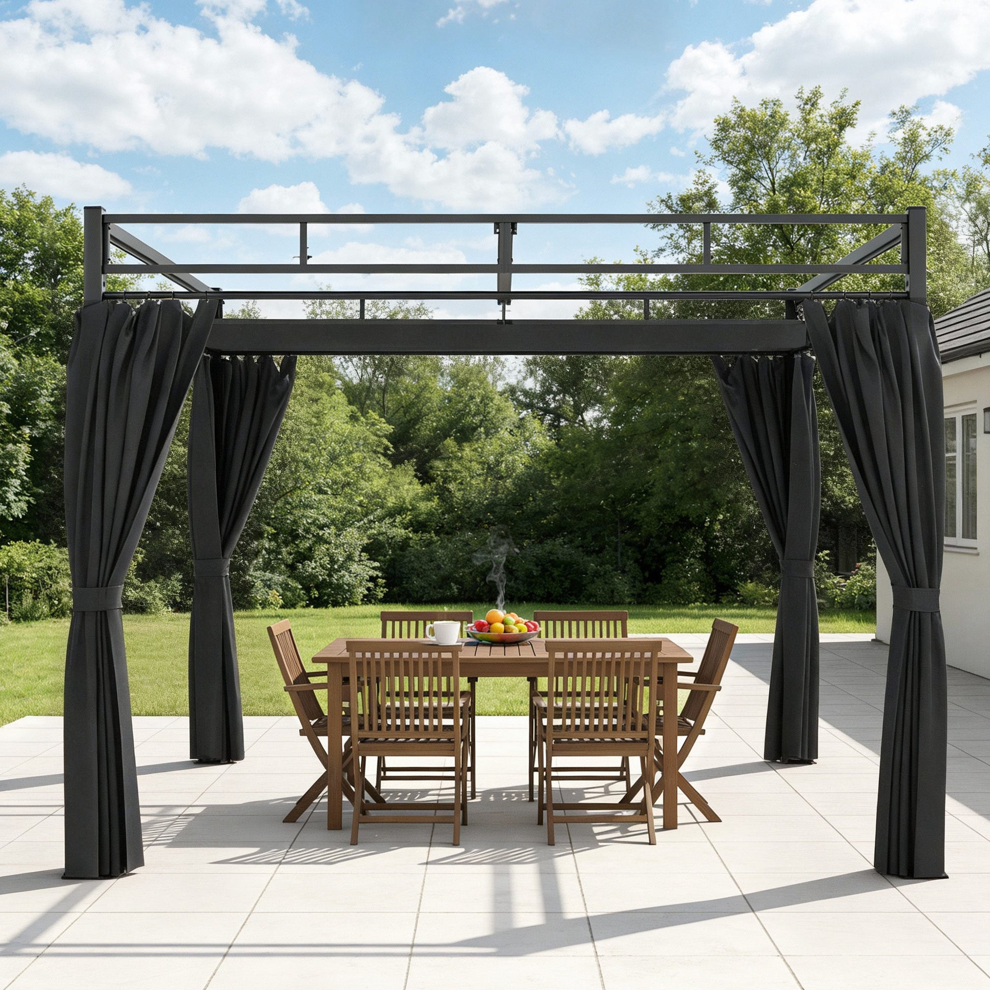 Outsunny Pérgola De Jardín 3x3 M Con Techo Retráctil Y Cortinas Anti-uv Gris_1