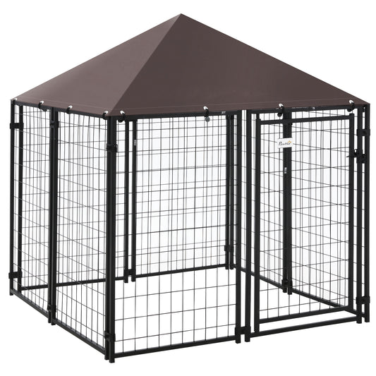 Pawhut Perrera De Exterior Con Techo 141x141x153 Cm Con Malla De Metal Y Puerta_0