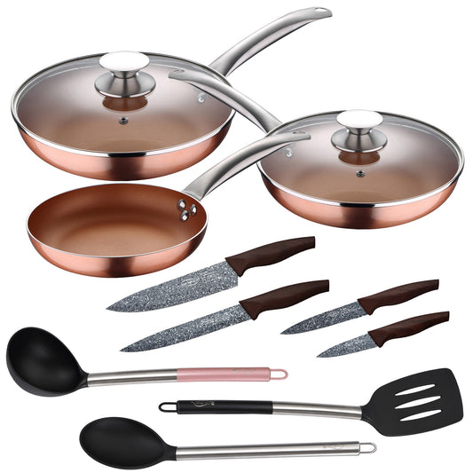 Set 5pc Sartenes (con Tapa) Aluminio Prensado Inducción Con Set 3pc Utensilios De Cocina Nylon Con Set 4pc Cuchillos Acero Inoxidable_0