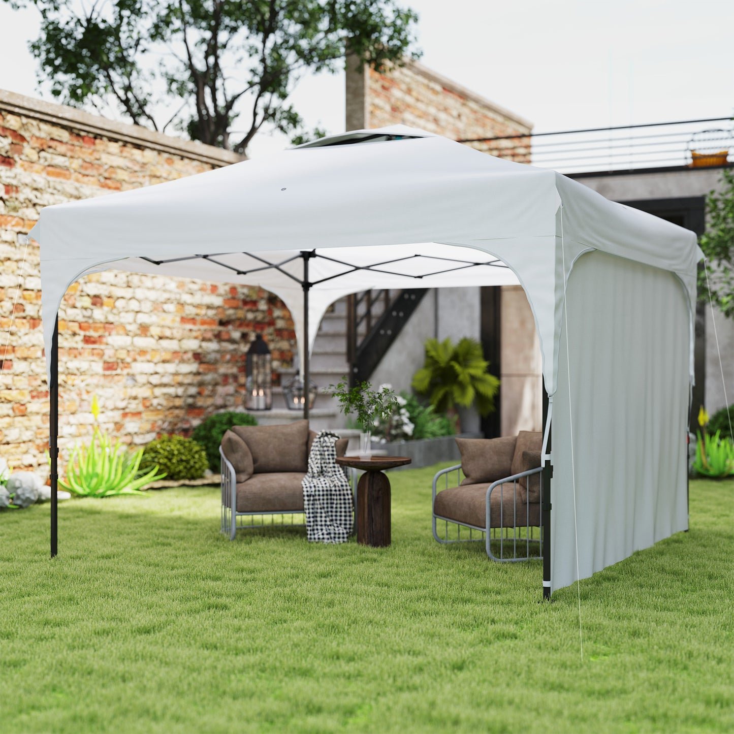 Outsunny Carpa Plegable 3x3 M Altura Ajustable 1 Pared Lateral Blanco_1