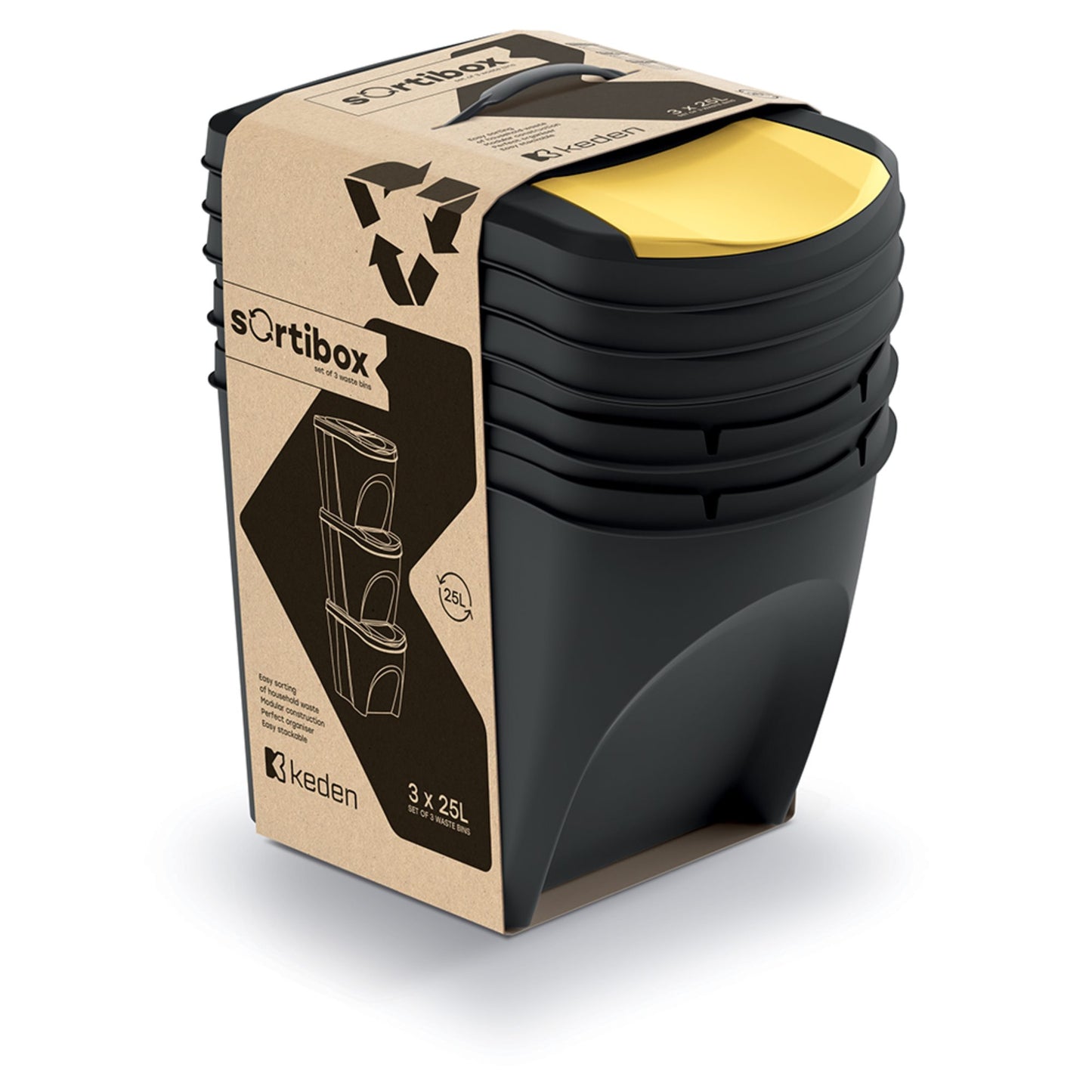 Set De 3 Cubos De Basura Keden Sortibox 100% Plástico Reciclado, Negro, Volumen 3x25l