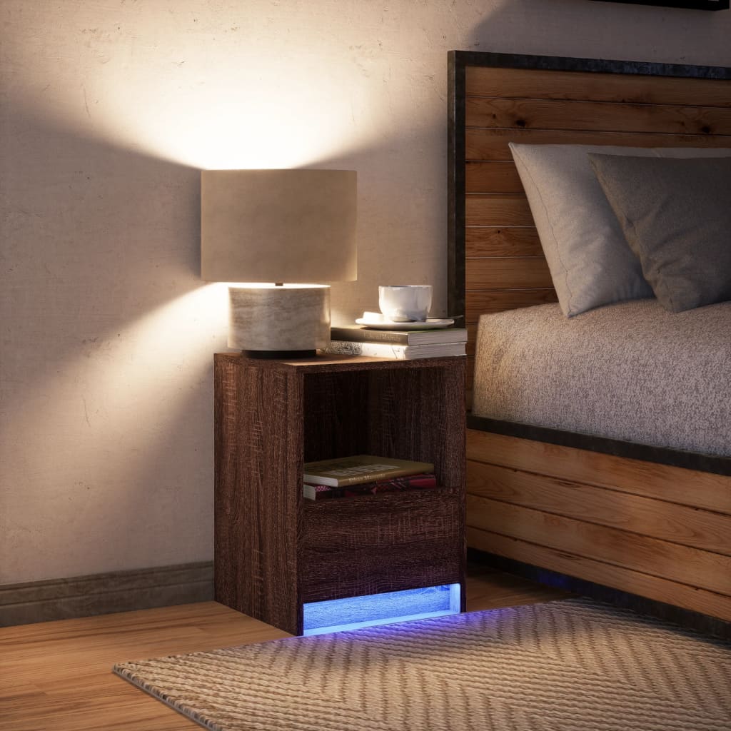 Mesita De Noche Con Luces Led Madera De Ingeniería Roble Marrón_3