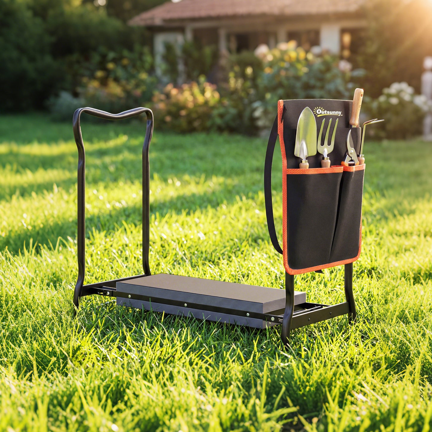 Outsunny Taburete De Jardín Plegable Con Bolsa De Herramientas Carga 150kg Negro_1