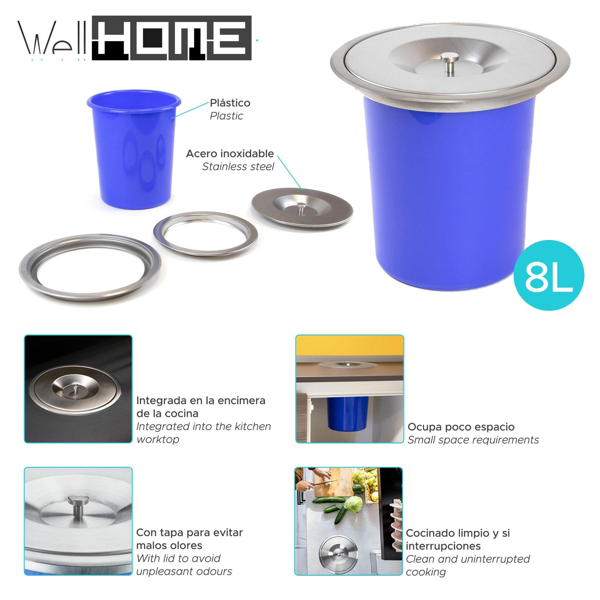 Cubo Integrable En Encimera 8l Tapa Acero Inox Azul_1