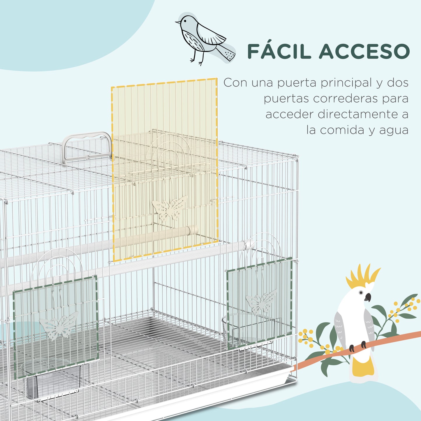 Pawhut Jaula Para Pájaros De Metal 60x41x41 Cm Con Comederos Y 2 Perchas Blanco_3