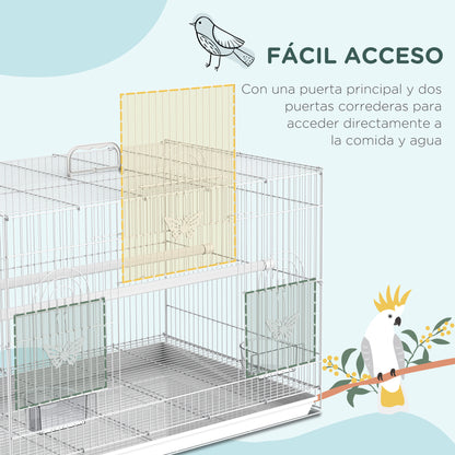 Pawhut Jaula Para Pájaros De Metal 60x41x41 Cm Con Comederos Y 2 Perchas Blanco_3