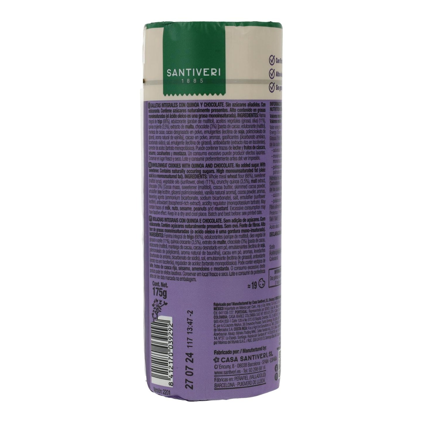 Galletas Integrales Quinoa/Choco 0% azúcares Santiveri 175 g
