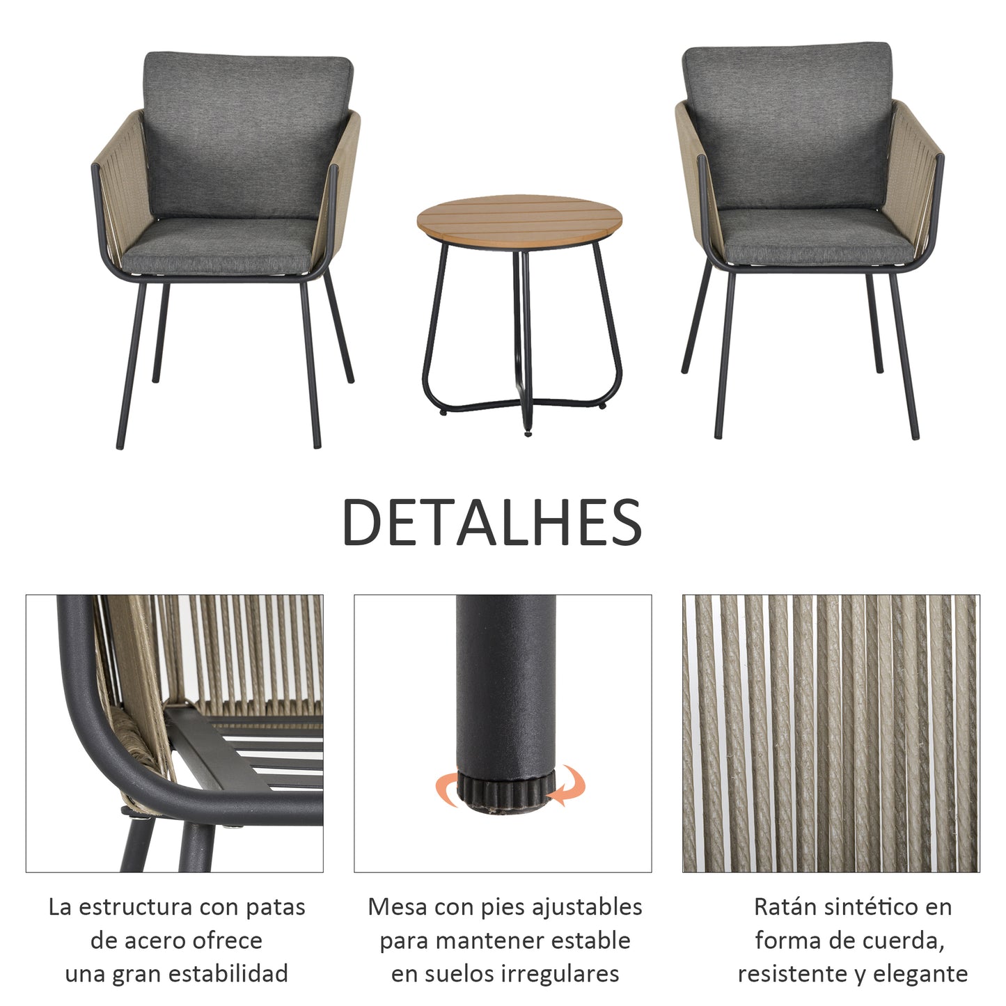 Outsunny Conjunto De Muebles De Ratán 1 Mesa Redonda Y 2 Sillas Con Cojines_4