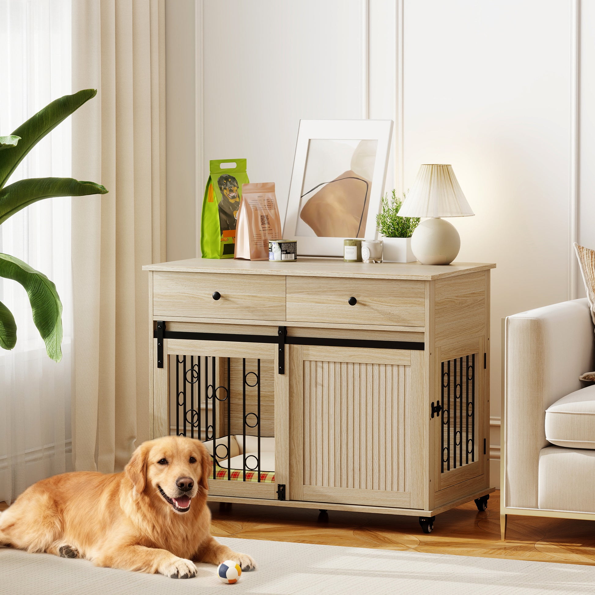 Pawhut Jaula Para Perros Mesa Auxiliar Con 2 Cajones 2 Puertas Y Cierre Roble_1