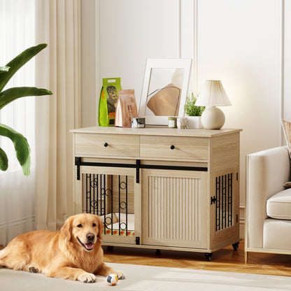 Pawhut Jaula Para Perros Mesa Auxiliar Con 2 Cajones 2 Puertas Y Cierre Roble_1