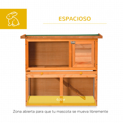 Pawhut Conejera Madera Jaula Para Conejo 2 Pisos Con Techo Abatible Y Bandeja_3
