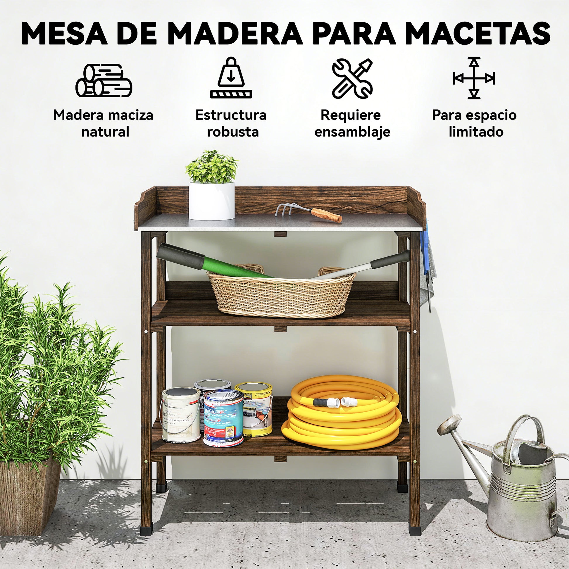 Outsunny Mesa De Plantación De Madera Con Placa Metálica 2 Estantes Carbonizado_5