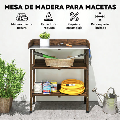 Outsunny Mesa De Plantación De Madera Con Placa Metálica 2 Estantes Carbonizado_5