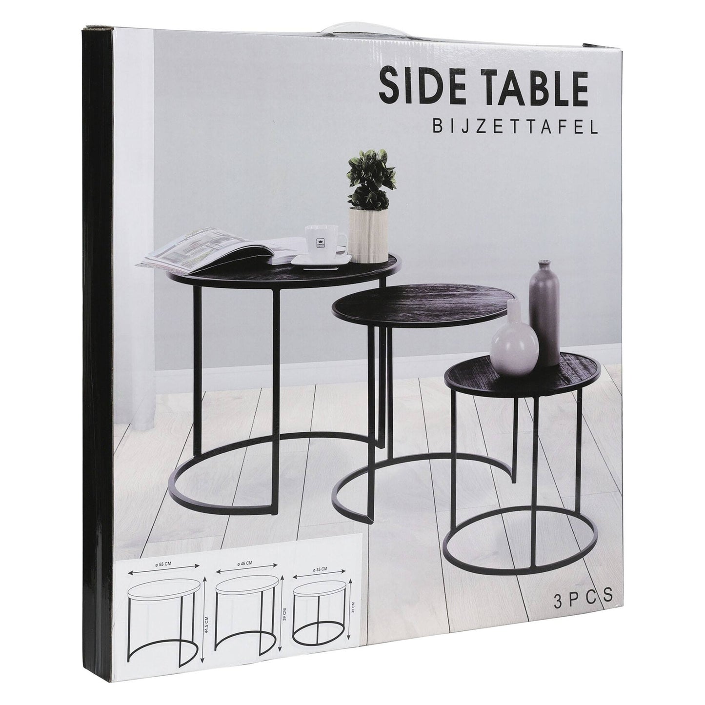Well Home Juego De 3 Mesas Nido En Metal Melamina Color Negro Ø35ø45ø55cm