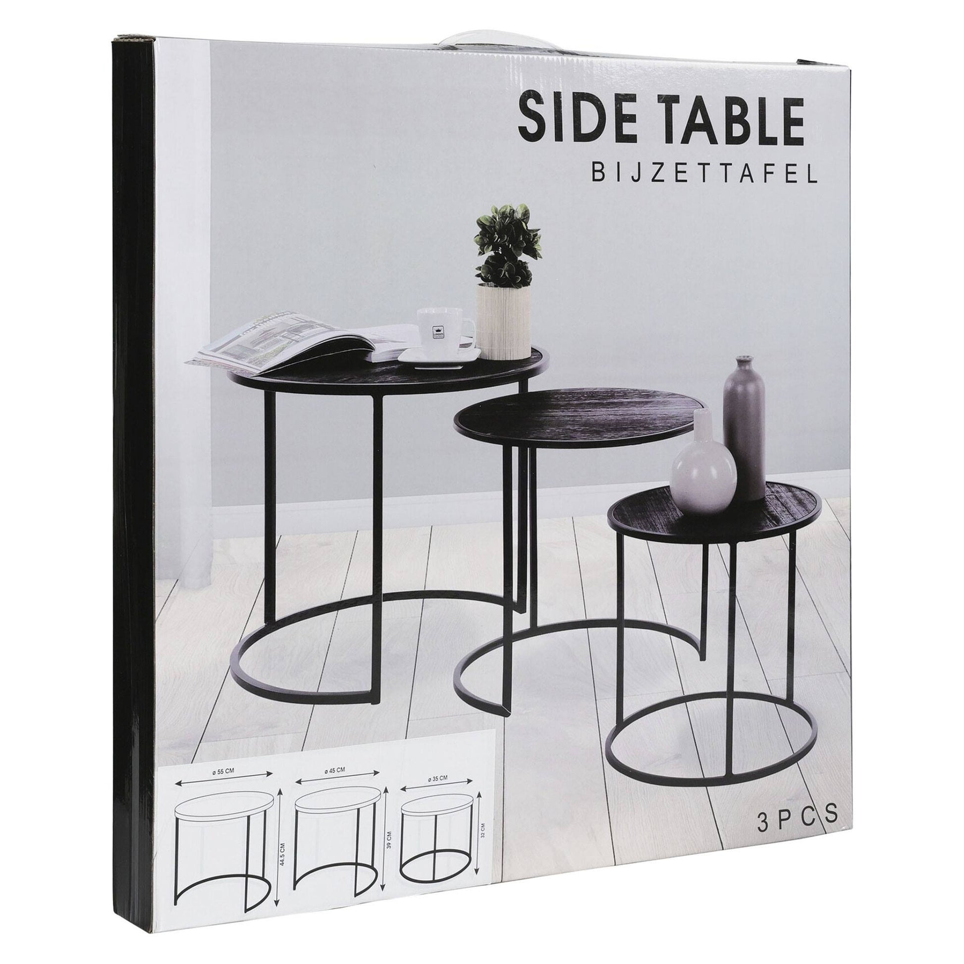 Well Home Juego De 3 Mesas Nido En Metal Melamina Color Negro Ø35ø45ø55cm