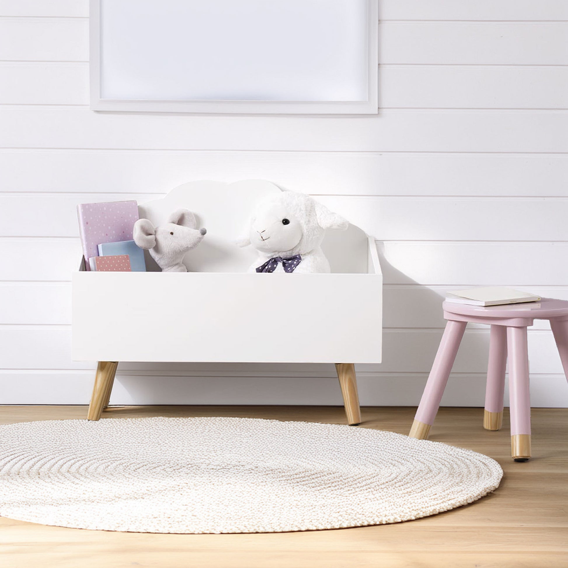 Wellhome Baúl Infantil Nube Blanco, Ideal Para Juguetes, 58x28x45,5cm