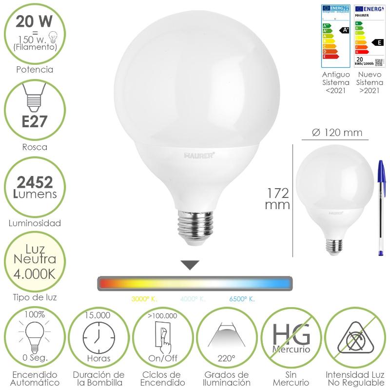 Bombilla Led Globo E27. 20 Watt. Equivale A 150 Watt. 2452 Lumenes. Luz Neutra 4000º K._0