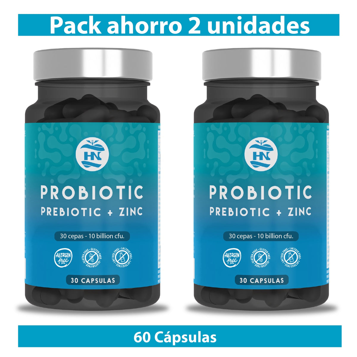 Probióticos Y Prebióticos Intestinales Con Zinc Pack 2 X 30 Cápsulas (60 Cápsulas) - 30 Cepas Bacterianas Hn_0