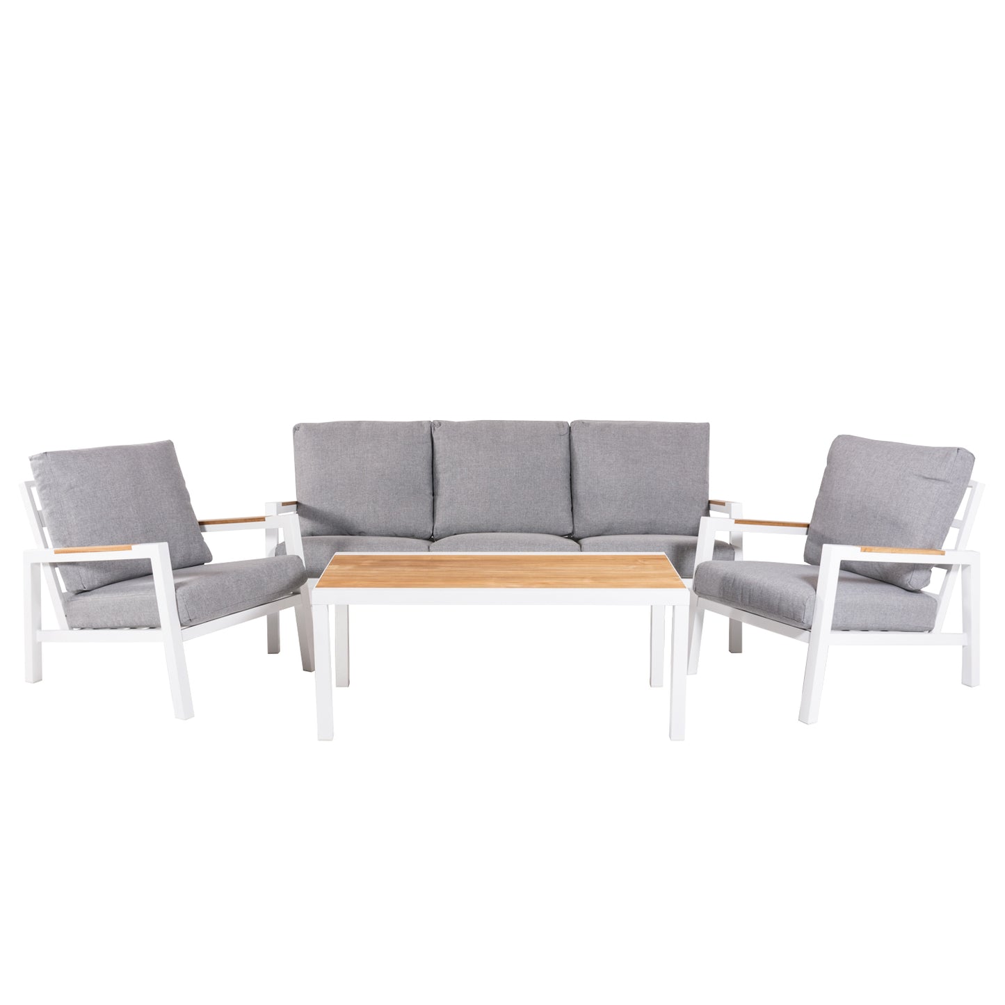 Conjunto De Sofás De Jardín, Mesa De Aluminio Con Tablero De Madera + 2 Sillones + 1 Sofá De 3 Plazas, Color Blanco_0