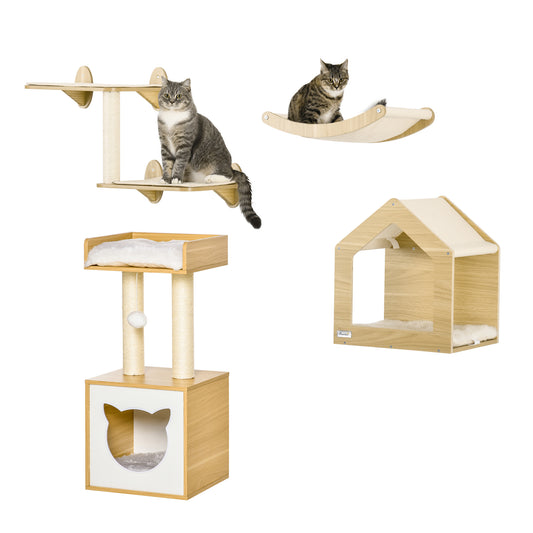 Pawhut Conjunto De Casa Para Gatos Y Estantes Para Gatos 35x35x81 Cm Roble_0