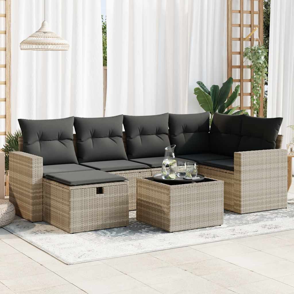 Set De Sofás De Jardín 7 Pzas Con Cojines Ratán Pe Gris Claro / Vetonek_4