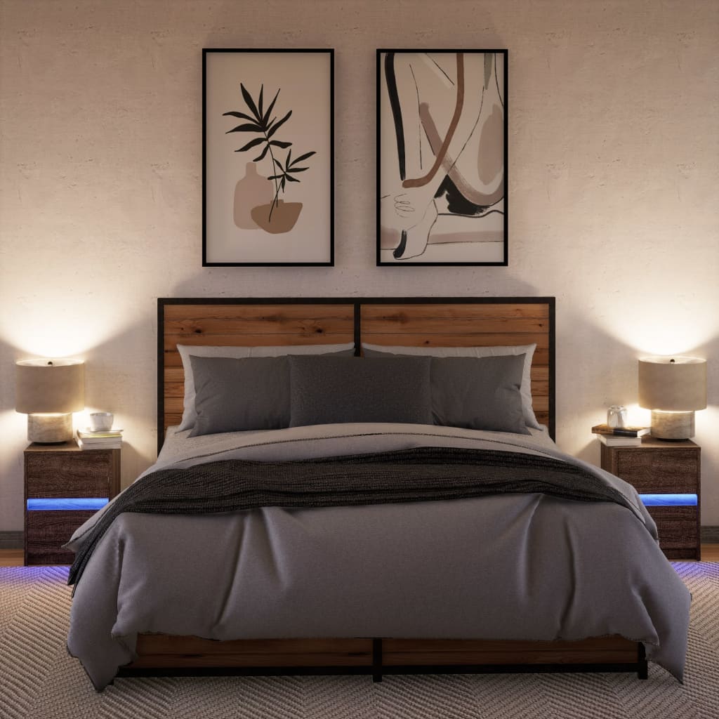 Mesitas De Noche Luces Led 2 Uds Madera Ingeniería Roble Marrón_3