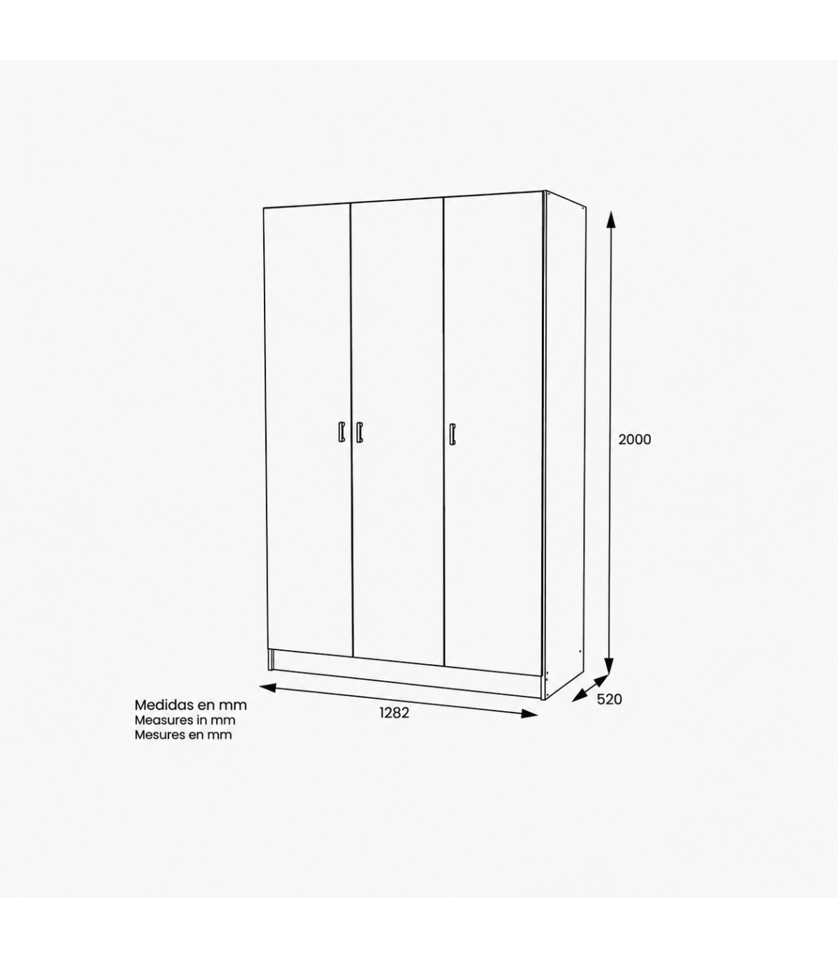 Armario 3 Puertas Abatibles Acabado Blanco Soft, 200 Cm(alto)128,2 Cm(ancho)52 Cm(fondo)_3
