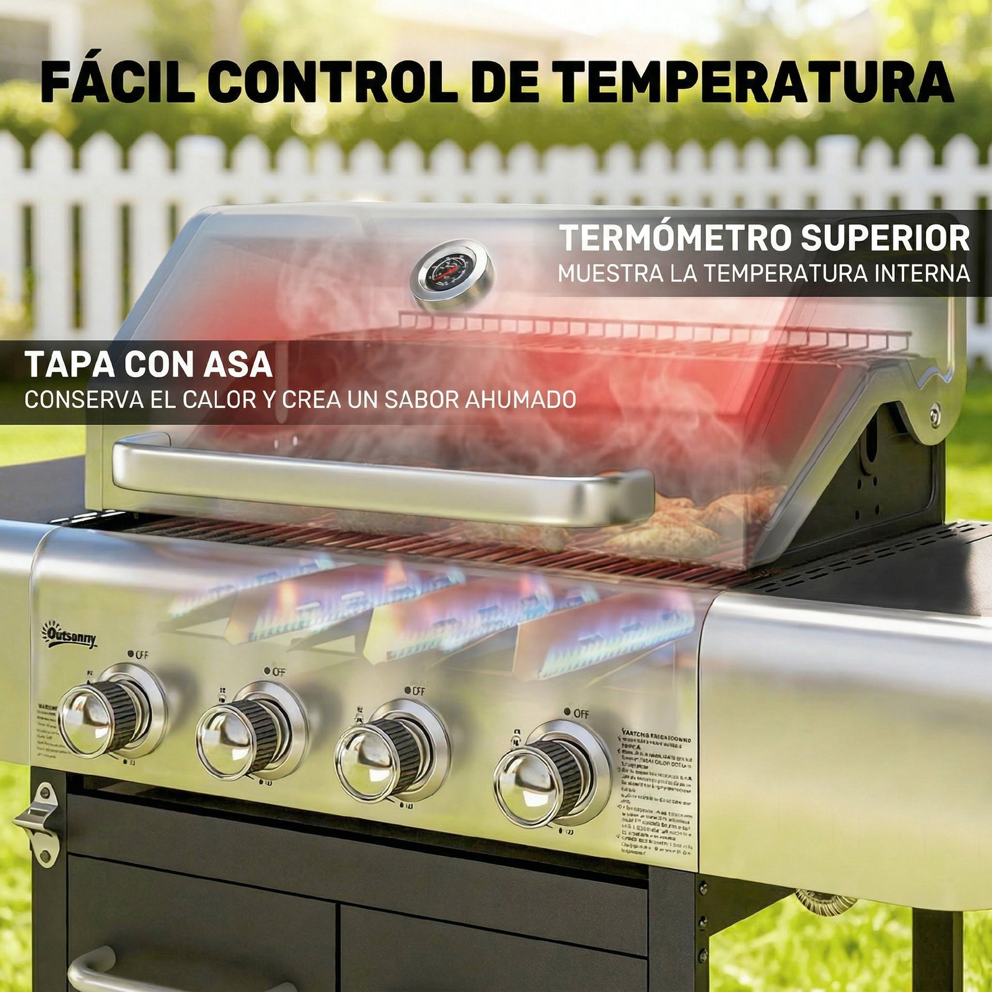 Outsunny Barbacoa De Gas Con 4 Quemadores 12,8 Kw Termómetro Mesas Laterales_5